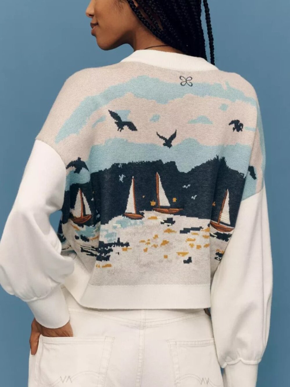 Anthropologie Maeve Nautical Scene Sweater Coastal Lighthouse Seagulls L NWT - Picture 2 of 7